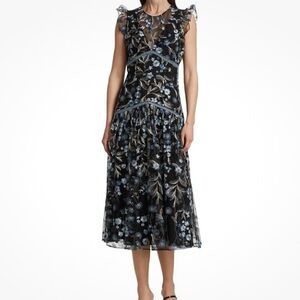 Monique Lhuillier Black and Blue Floral Ruffle Mini Dress